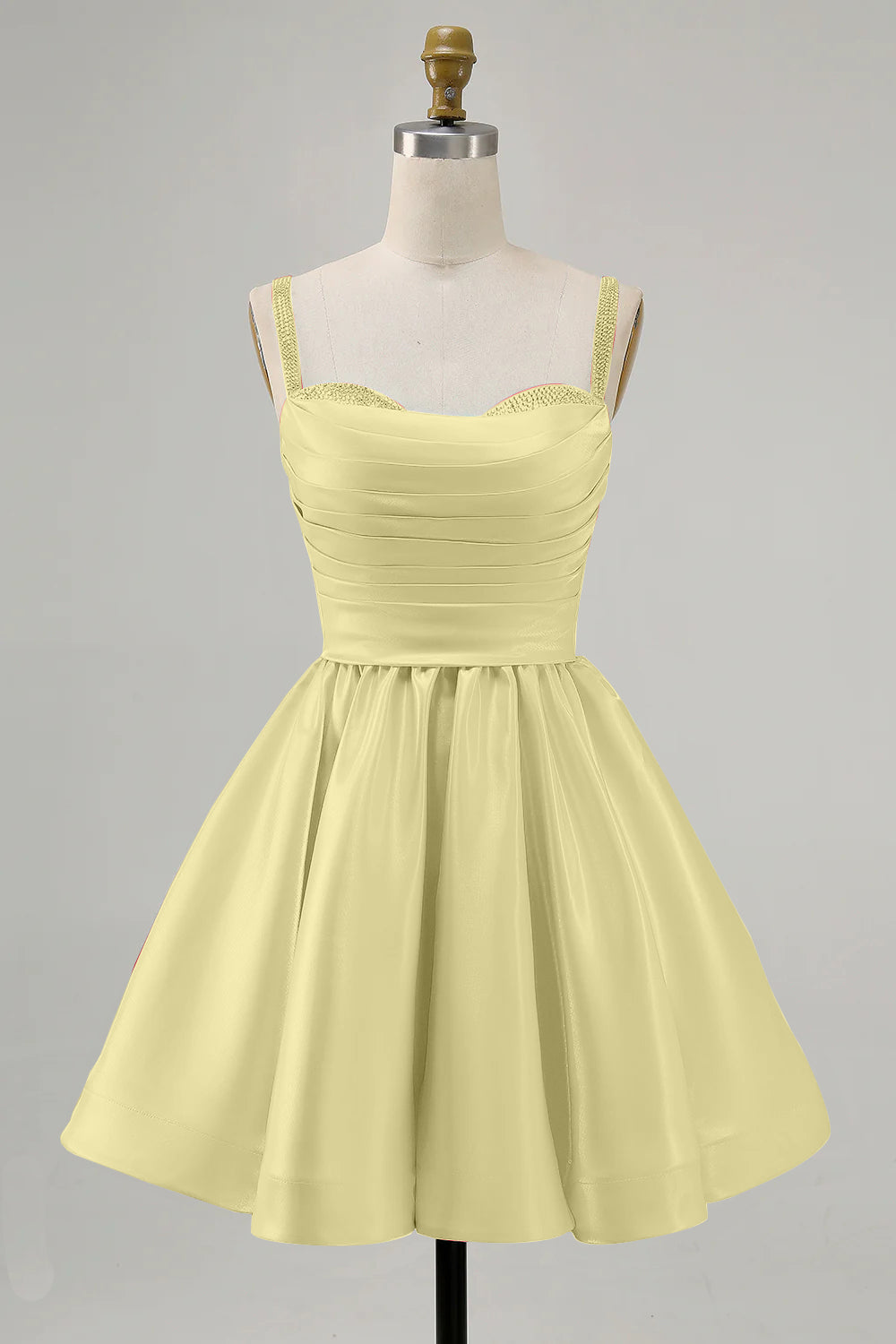Yellow A-Line Spaghetti Straps Beaded Satin Short Homecoming Dress