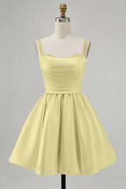Yellow A-Line Spaghetti Straps Beaded Satin Short Homecoming Dress