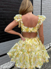 Yellow A-Line Square Neck Floral Print Tulle Short Homecoming Dress
