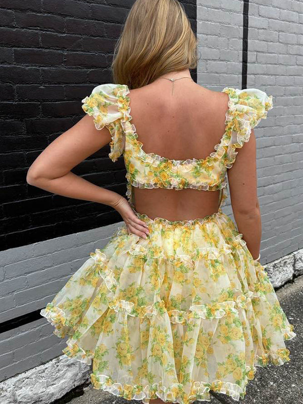 Yellow A-Line Square Neck Floral Print Tulle Short Homecoming Dress