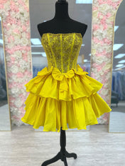 Yellow A-Line Strapless Short Satin Homecoming Dress With Beading
