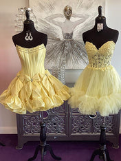 Yellow A-Line Strapless Short Satin Homecoming Dress With Bowknot