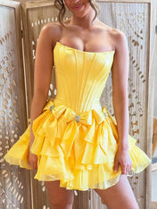 Yellow A-Line Strapless Short Satin Homecoming Dress With Bowknot