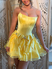 Yellow A-Line Strapless Short Satin Homecoming Dress With Bowknot