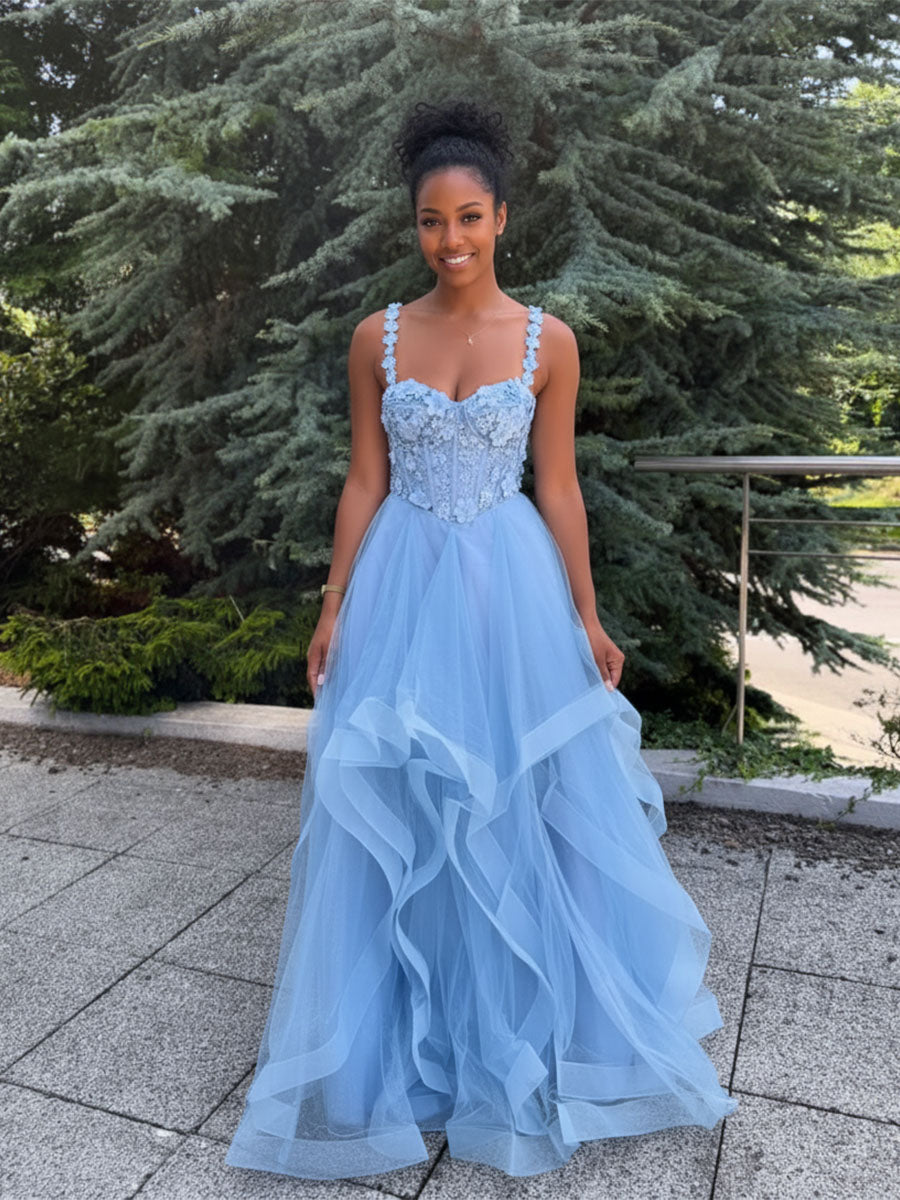 Yellow A-Line Straps Empire-Waist Sweetheart Ruffles Long Prom Dress