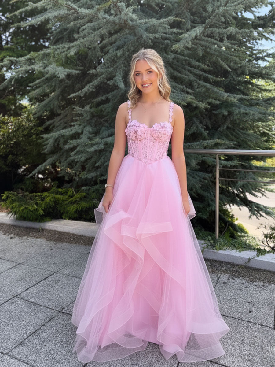 Yellow A-Line Straps Empire-Waist Sweetheart Ruffles Long Prom Dress