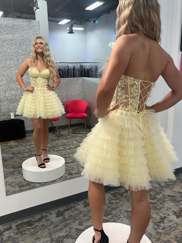 Yellow A-Line Sweetheart Lace Up Short Tiered Tulle Homecoming Dress