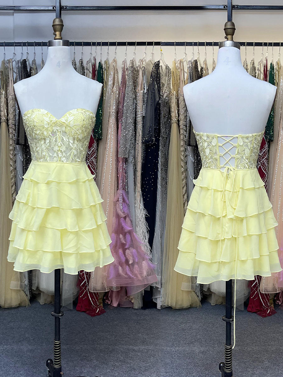 Yellow A-Line Sweetheart Short Tiered Lace Top Homecoming Dress