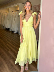 Yellow A-Line V-Neck Ruffled Straps Chiffon Party Prom Dress