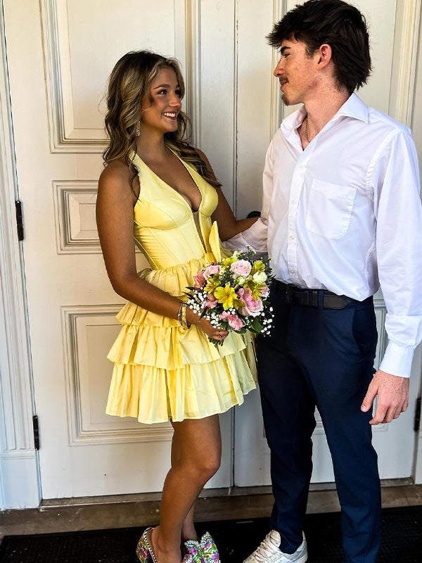 Yellow A Line Halter Tiered Ruffle Homecoming Dress with Bow