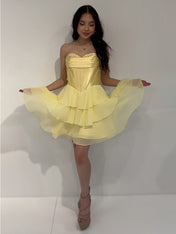 Yellow A Line Ruffled Tiered Short Corset Homecoming Dress