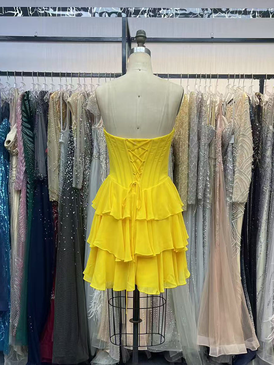 Yellow A Line Short Corset Homecoming Dress with Ruffles