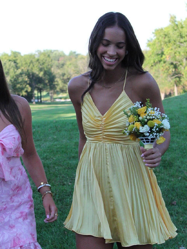 Orange A Line Spaghetti Straps Pleated Short Homecoming Party Dress