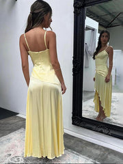 Yellow A Line Spaghetti Straps Silk Ruffle Party Dress