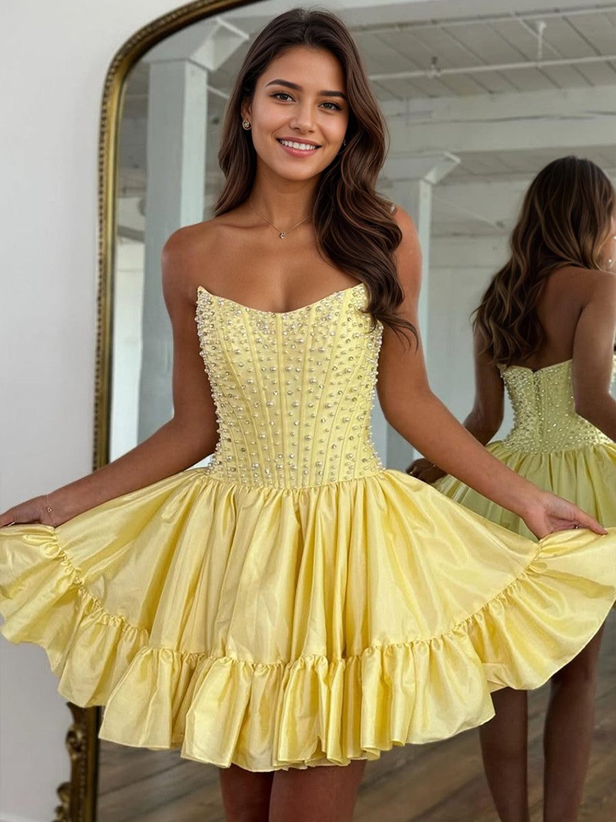 Yellow A Line Strapless Pearls Short Homecoming Dress with Ruffles