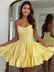 Yellow A Line Strapless Pearls Short Homecoming Dress with Ruffles