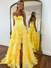 Yellow A Line Strapless Satin Corset Long Prom Dress with Ruffle Skirt