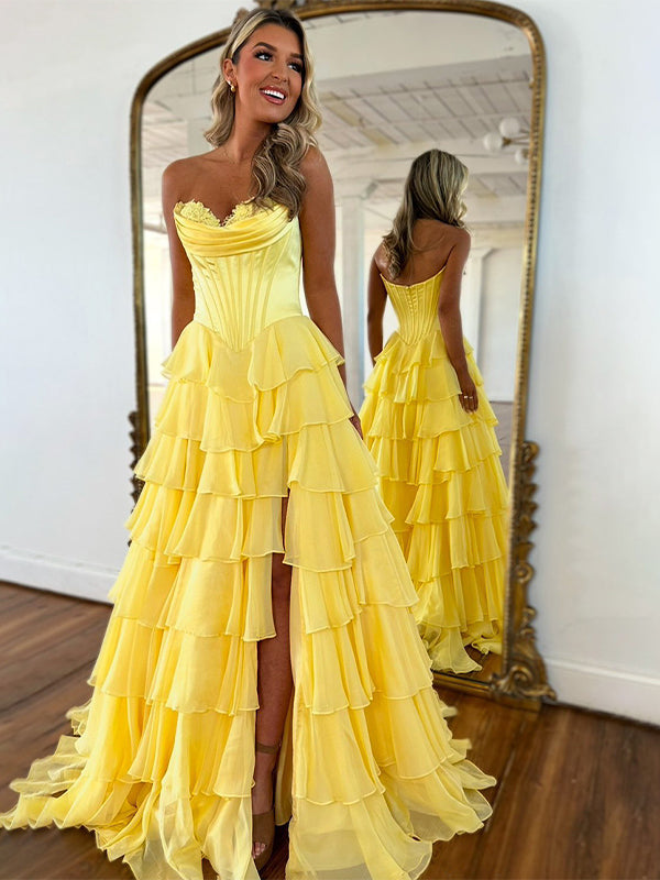 Yellow A Line Strapless Satin Corset Long Prom Dress with Ruffle Skirt