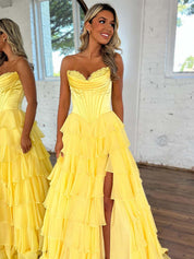 Yellow A Line Strapless Satin Corset Long Prom Dress with Ruffle Skirt
