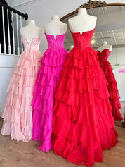 Yellow A Line Strapless Satin Corset Long Prom Dress with Ruffle Skirt