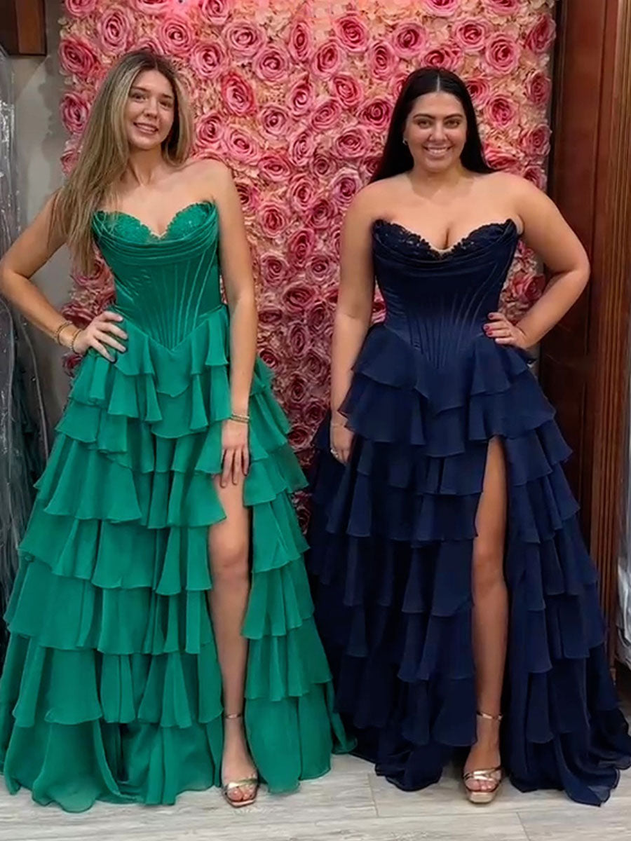 Yellow A Line Strapless Satin Corset Long Prom Dress with Ruffle Skirt