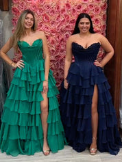 Yellow A Line Strapless Satin Corset Long Prom Dress with Ruffle Skirt