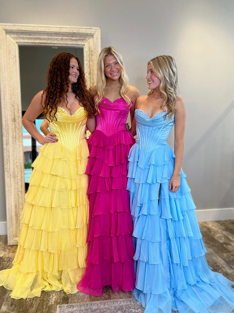 Yellow A Line Strapless Satin Corset Long Prom Dress with Ruffle Skirt