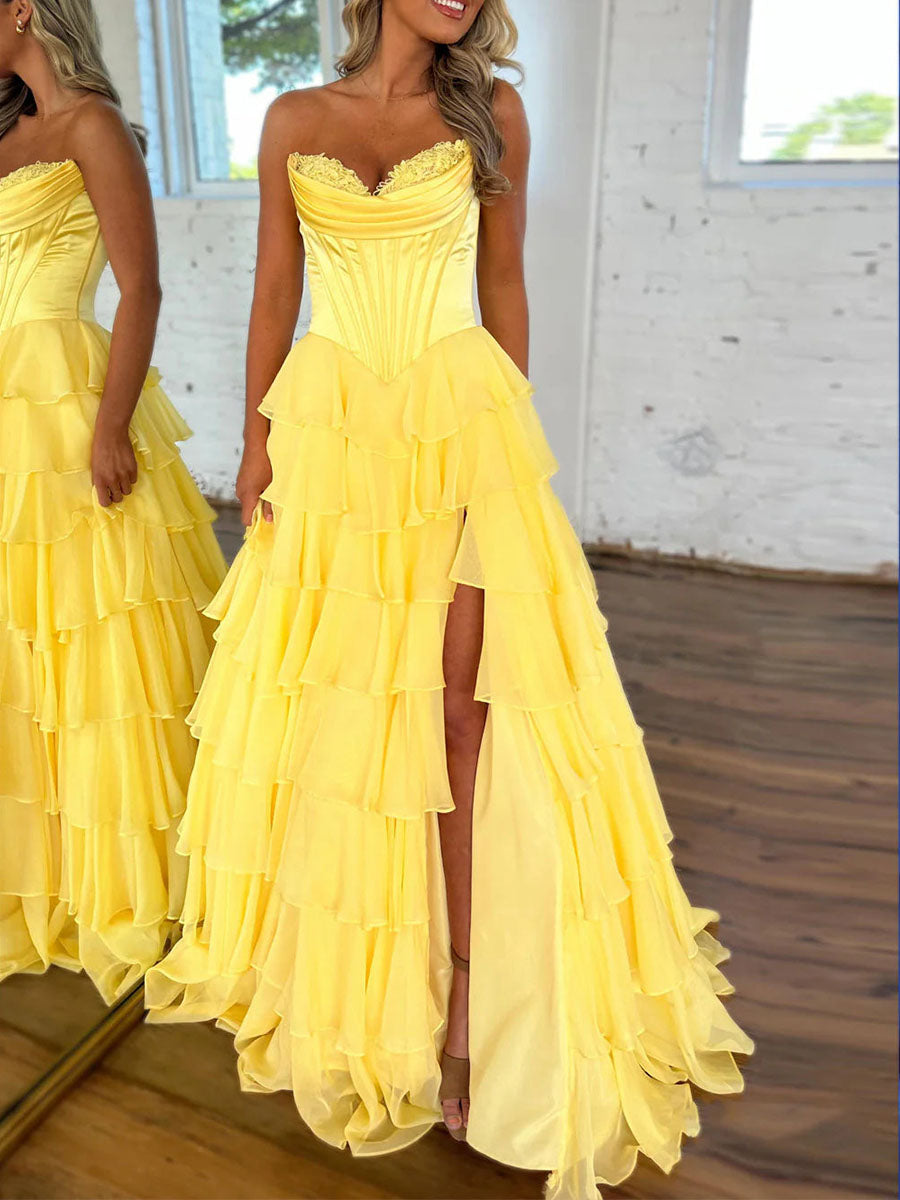 Yellow A Line Strapless Satin Corset Long Prom Dress with Ruffle Skirt