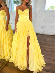 Yellow A Line Strapless Satin Corset Long Prom Dress with Ruffle Skirt