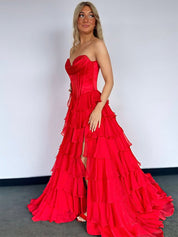 Yellow A Line Strapless Satin Corset Long Prom Dress with Ruffle Skirt