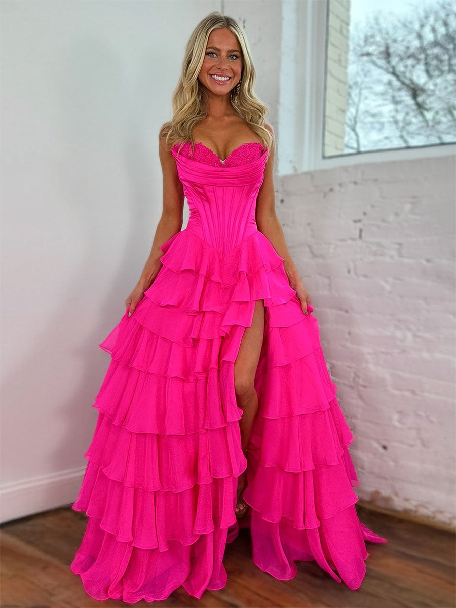 Yellow A Line Strapless Satin Corset Long Prom Dress with Ruffle Skirt