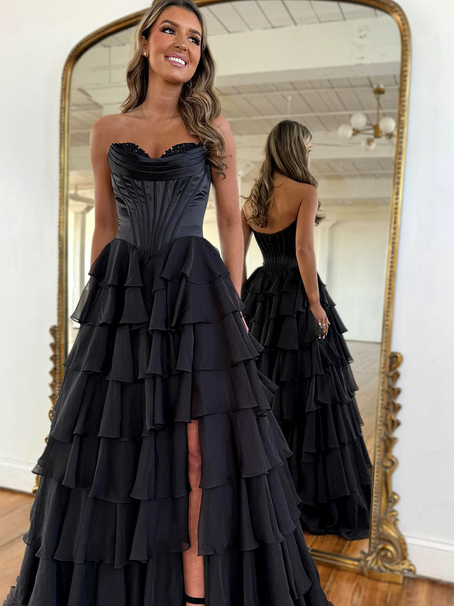 Yellow A Line Strapless Satin Corset Long Prom Dress with Ruffle Skirt