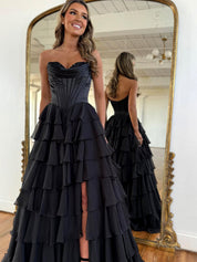 Yellow A Line Strapless Satin Corset Long Prom Dress with Ruffle Skirt