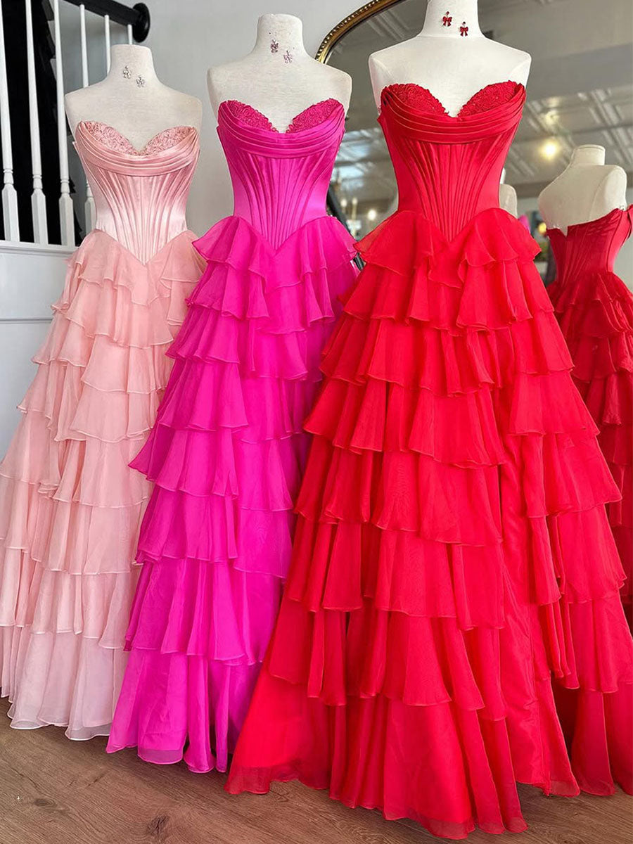 Yellow A Line Strapless Satin Corset Long Prom Dress with Ruffle Skirt