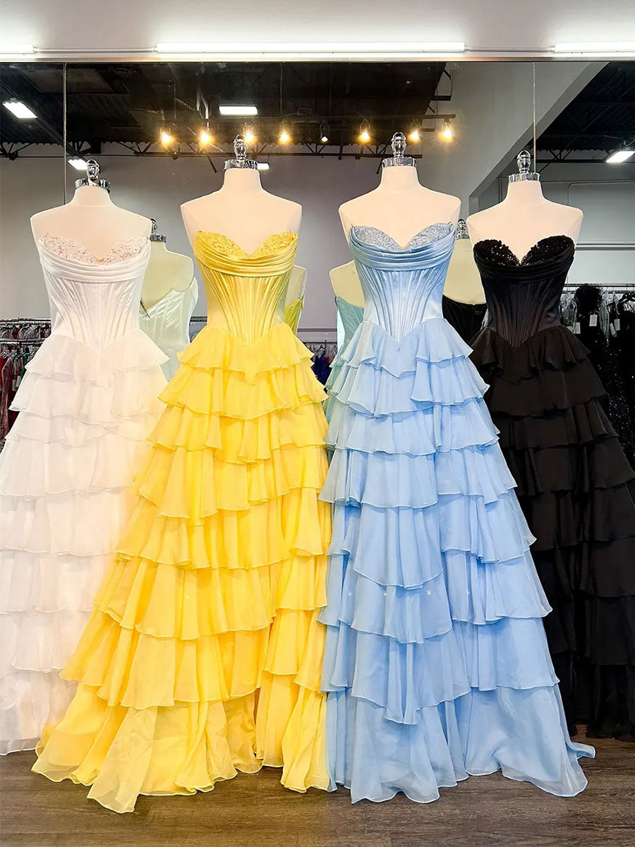Yellow A Line Strapless Satin Corset Long Prom Dress with Ruffle Skirt