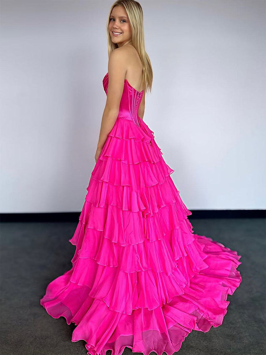 Yellow A Line Strapless Satin Corset Long Prom Dress with Ruffle Skirt