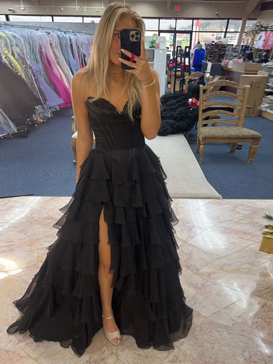 Yellow A Line Strapless Satin Corset Long Prom Dress with Ruffle Skirt