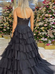 Yellow A Line Strapless Satin Corset Long Prom Dress with Ruffle Skirt