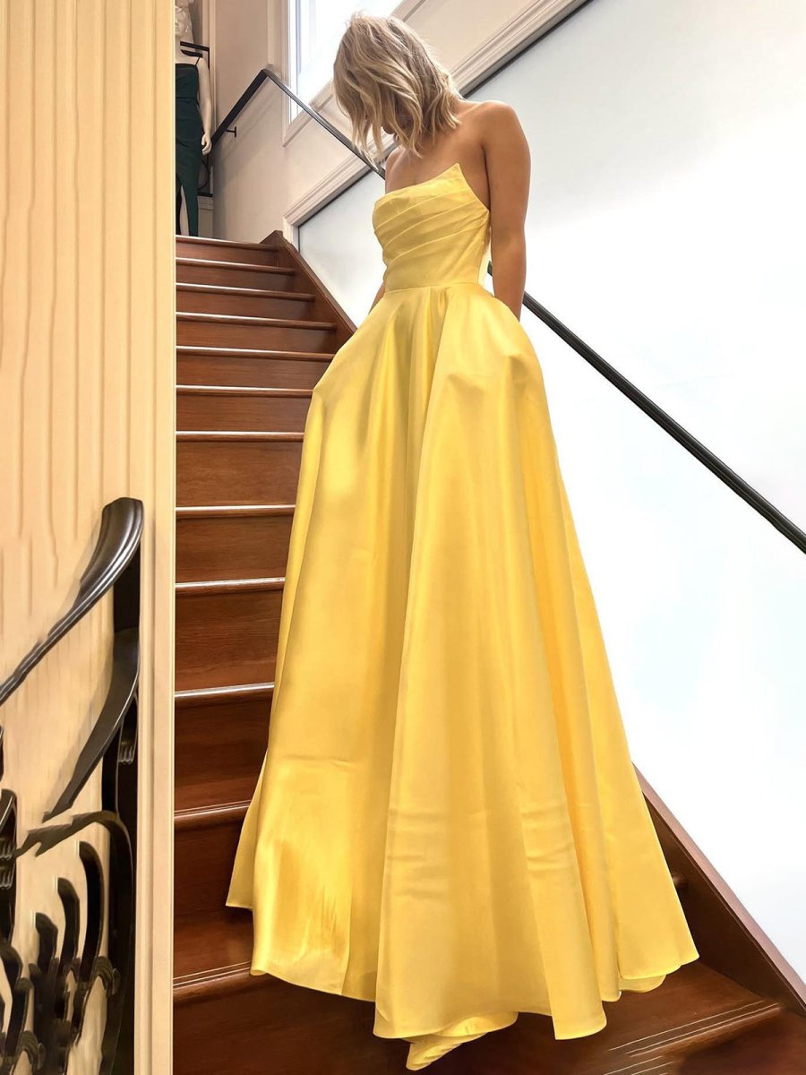 Sage Green A Line Strapless Satin Long Prom Dress with Slit
