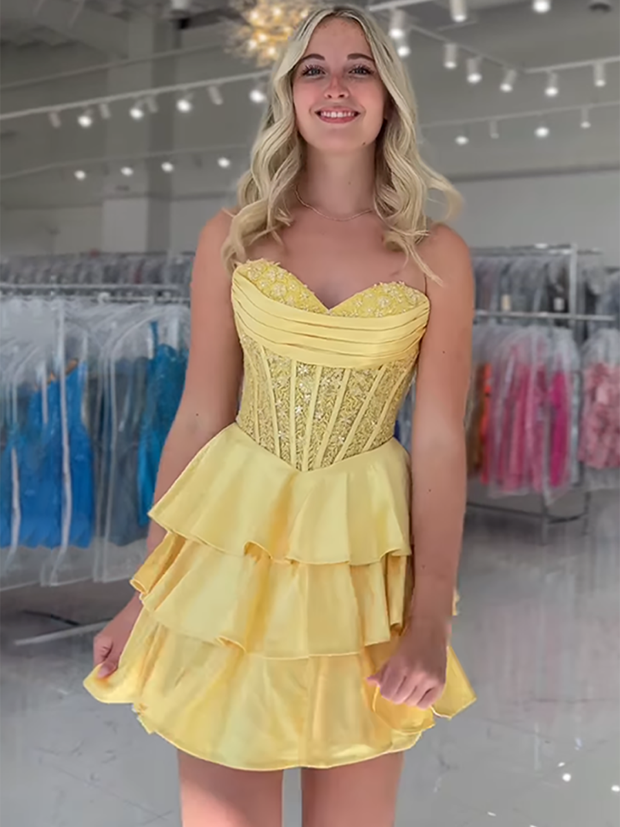 Yellow A Line Strapless Short Corset Homecoming Dress with Lace