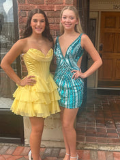 Yellow A Line Strapless Short Corset Homecoming Dress with Ruffles