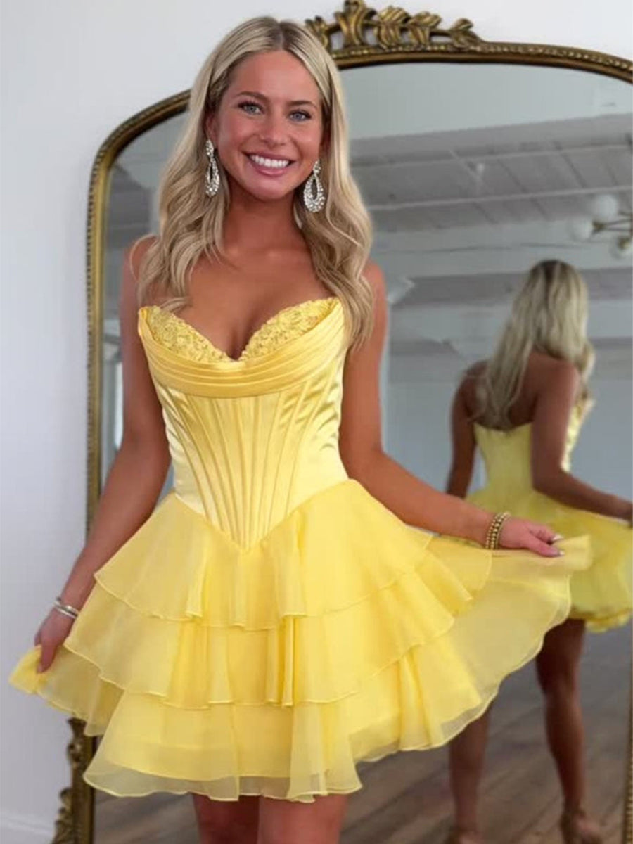 Yellow A Line Strapless Short Corset Homecoming Dress with Ruffles