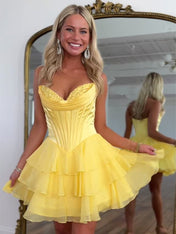 Yellow A Line Strapless Short Corset Homecoming Dress with Ruffles