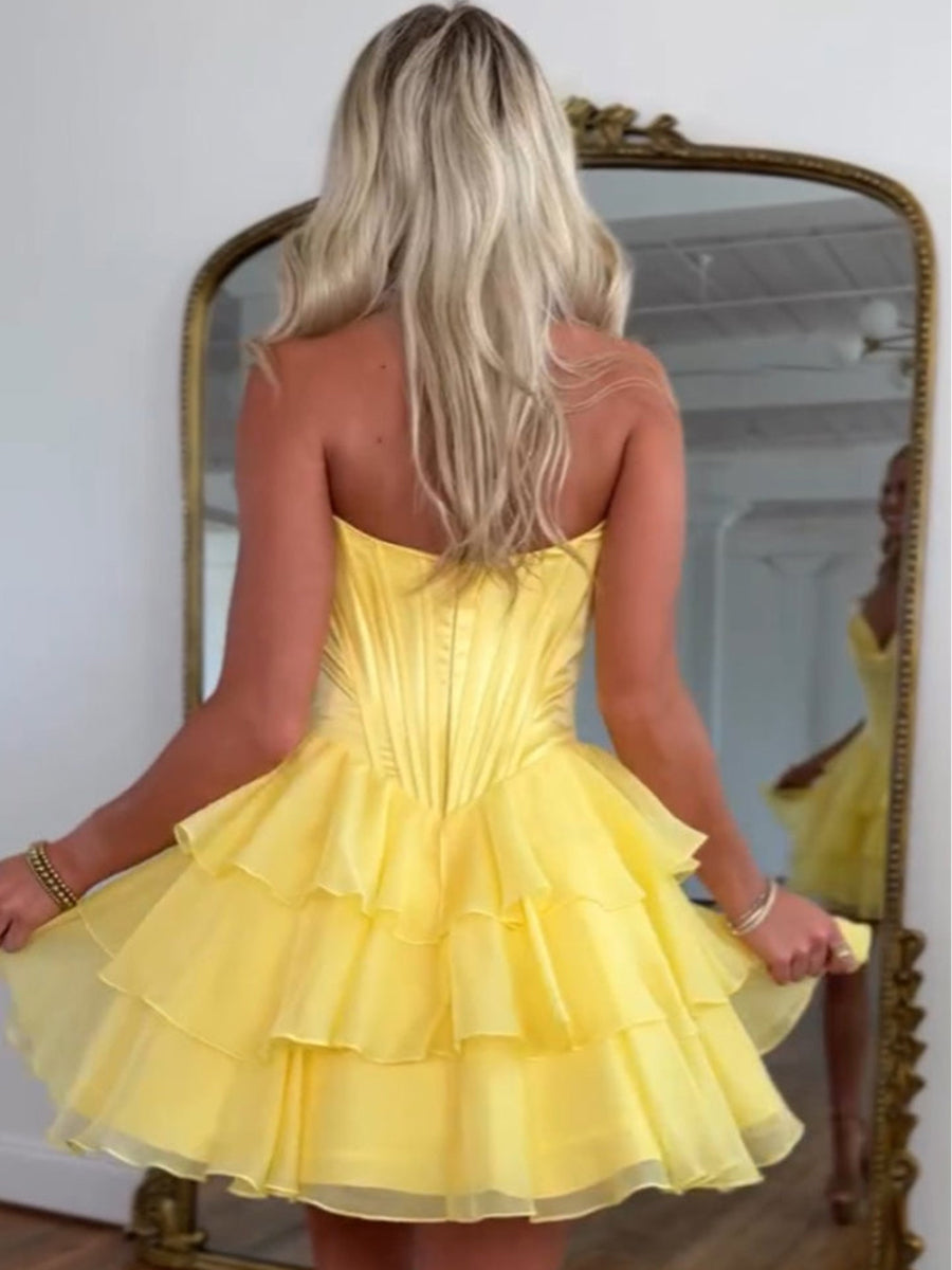 Yellow A Line Strapless Short Corset Homecoming Dress with Ruffles