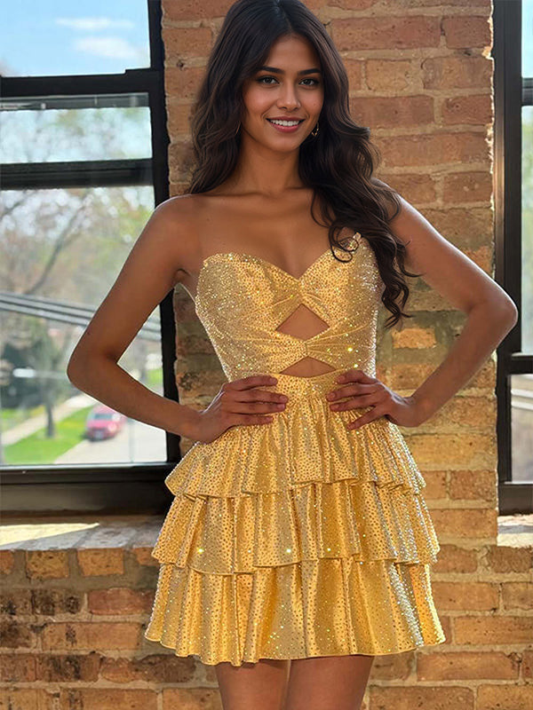 Orange A Line Strapless Sweetheart Satin Homecoming Dress with Keyhole