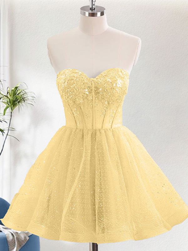Yellow A Line Sweetheat Corset Tulle Homecoming Dress with Sequins