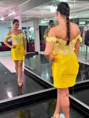 Yellow Bodycon Off The Shoulder Lace Top Short Satin Homecoming Dress
