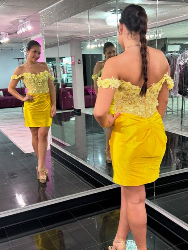 Yellow Bodycon Off The Shoulder Lace Top Short Satin Homecoming Dress