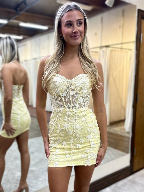 Yellow Bodycon Sweetheart Lace Up Short Homecoming Dress With Appliques