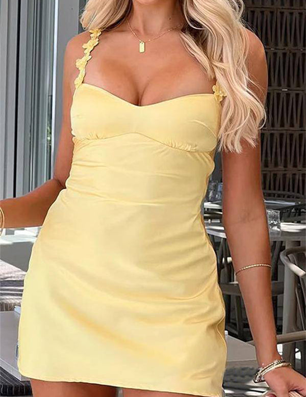 Yellow Bodycon Tight Flower Straps Satin Short Homecoming Dress